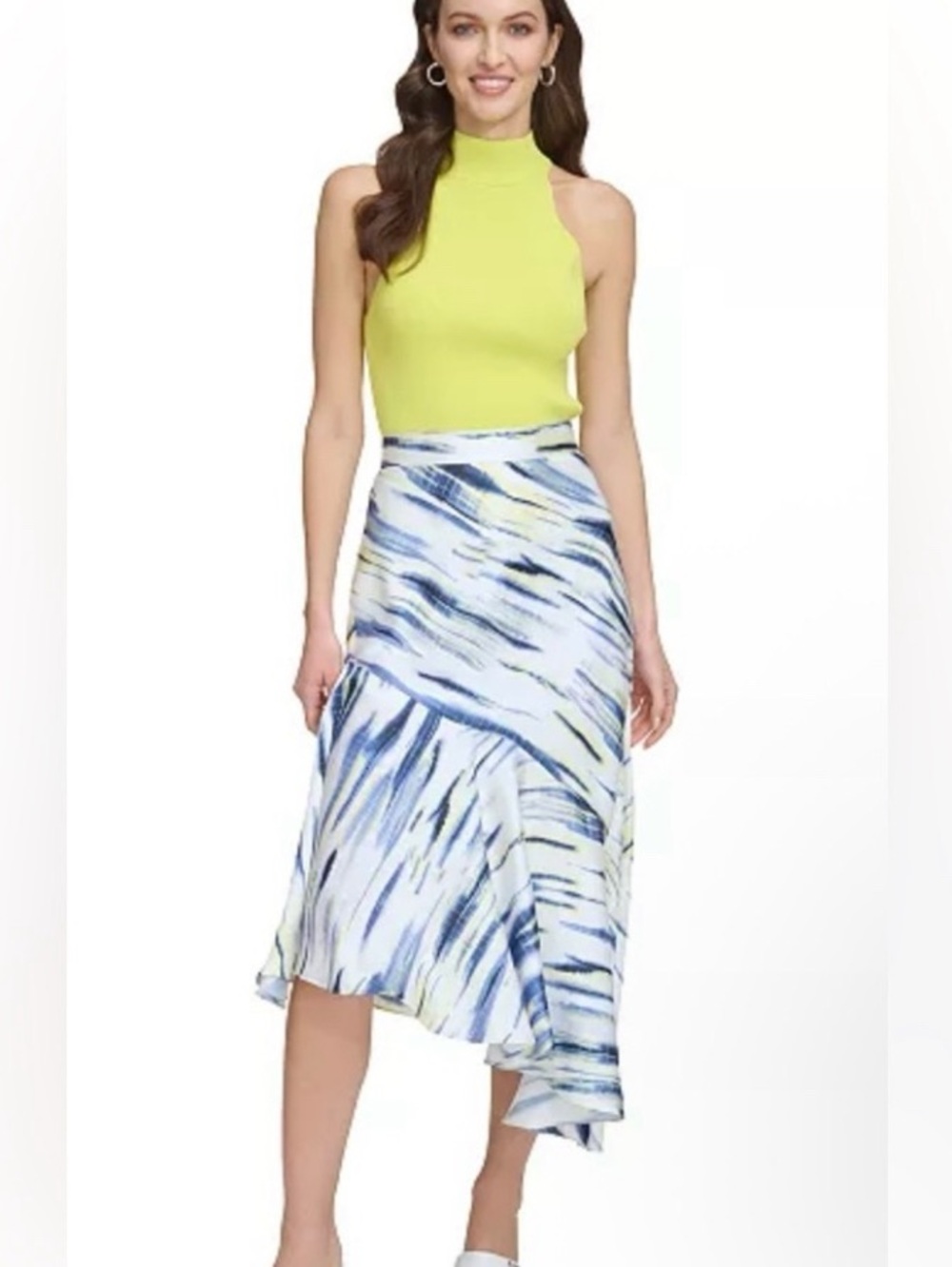 DKNY White Asymmetrical Brushstroke Midi Skirt with Navy & Yellow Accents 12